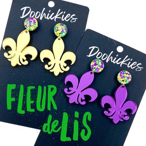 2 Fleur de Lis Acrylic Dangle Earrings - Gold