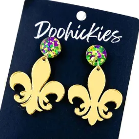 2 Fleur de Lis Acrylic Dangle Earrings - Gold