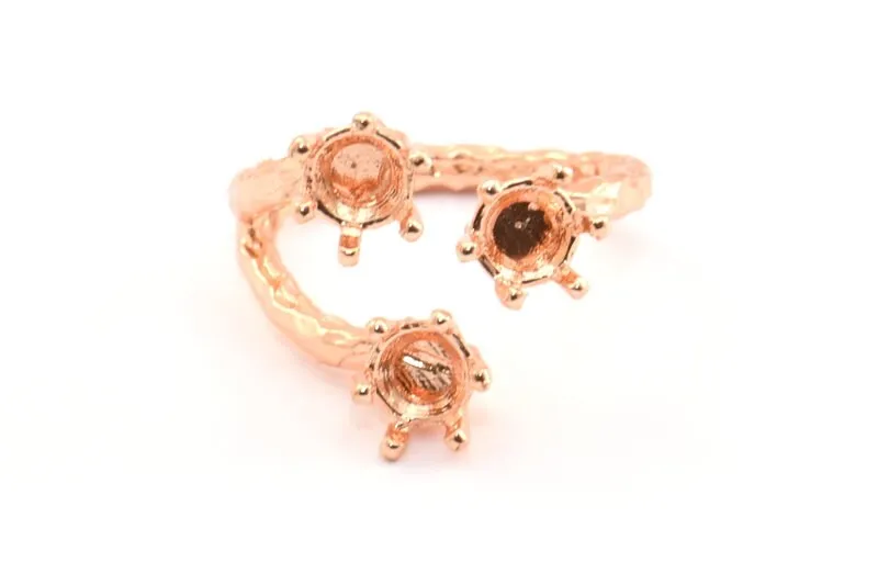 Adjustable Ring Settings - 2 Rose Gold Lacquer Plated Brass 6 Claw Ring Blanks - Pad Size 5mm N0322