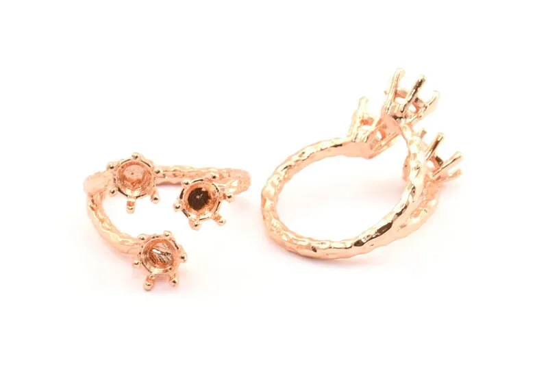 Adjustable Ring Settings - 2 Rose Gold Lacquer Plated Brass 6 Claw Ring Blanks - Pad Size 5mm N0322