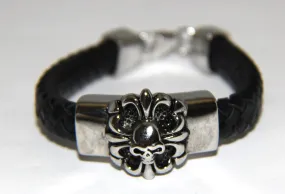 Stainless Steel Fleur-de-lis Skull Leather Bracelet -UDINC0442