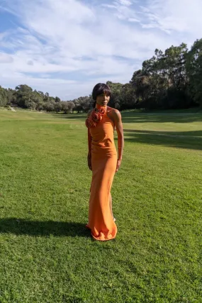 VESTIDO COMPRIDO LARANJA COM FLOR